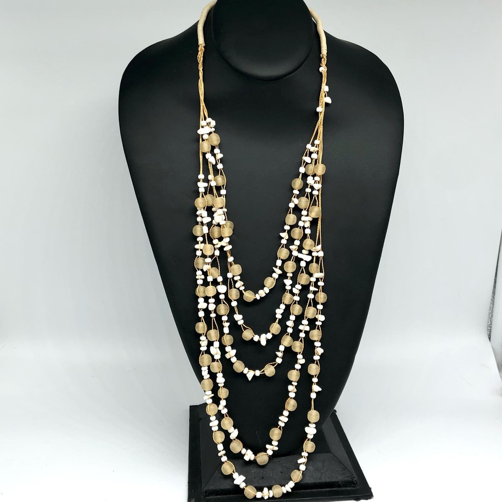 Boho Graduated Creamy Yellow Multi-Strand Beads on Cord Necklace